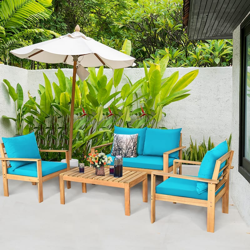 Costway 4PCS Patio Furniture Set Acacia Wood Thick Cushion Loveseat - See details