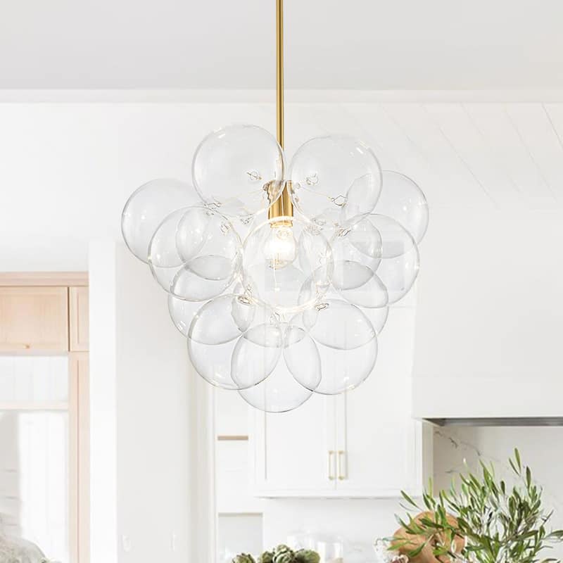 Glam Single-light Dining Room Glass Globe Bubble Chandelier - N/A - Brass - Clear Glass
