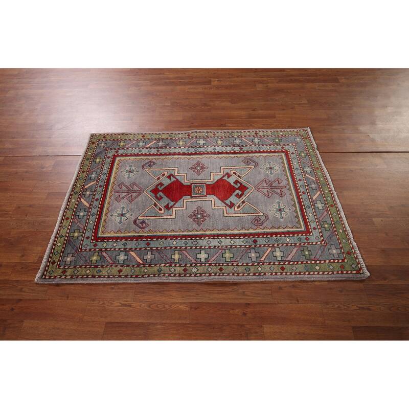 Grey Traditional Kazak Oriental Accent Rug Handmade Wool Carpet - 3'3" x 4'10"