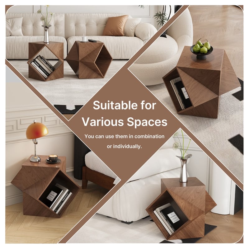 Polygonal Storage Art Side Table Modern Minimalist Wood-grain Sofa End Tables Creative 3d-shaped Living Room Storage Side Table