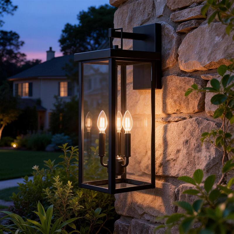 Clear Glass Outdoor Lighting Wall Sconce - Large: 22.4" H x 9.2" W x 10.1" D - Black