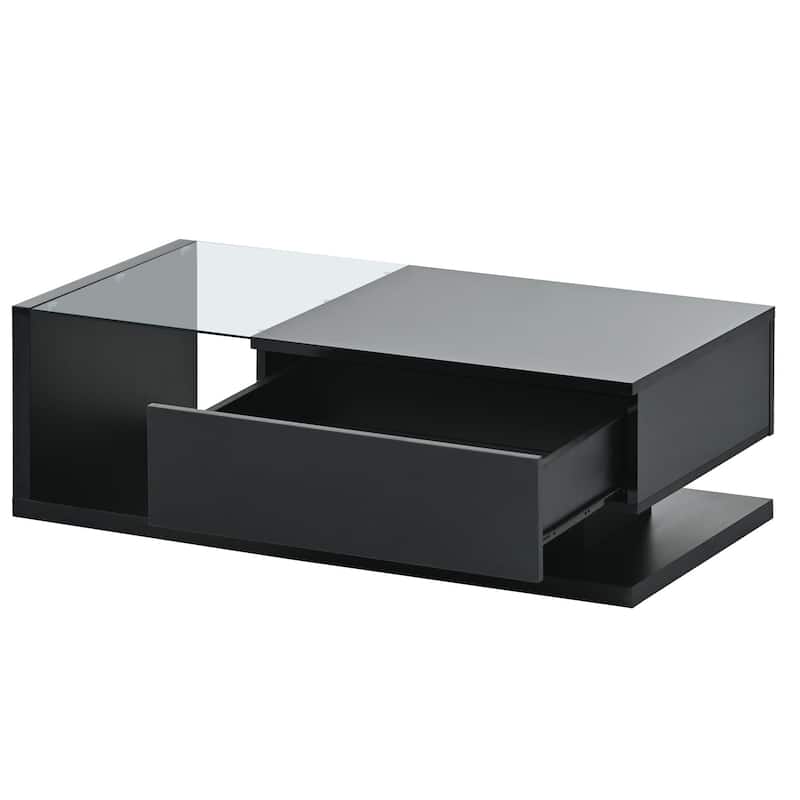 Roomfitters Modern Coffee Table with Tempered Glass Top, High Gloss 2-Tier Rectangle Center Table for Living Room