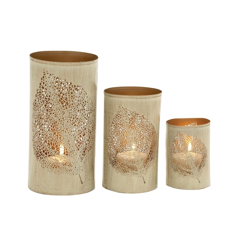 Metal Leaf Decorative Indoor Outdoor Candle Lantern with Gold Interior - Set of 3 Gold or Copper - Roche River Decor - Gold - 6", 9", 12"H
