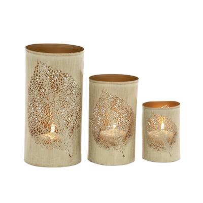 Metal Leaf Decorative Indoor Outdoor Candle Lantern with Gold Interior - Set of 3 Gold or Copper - Roche River Decor