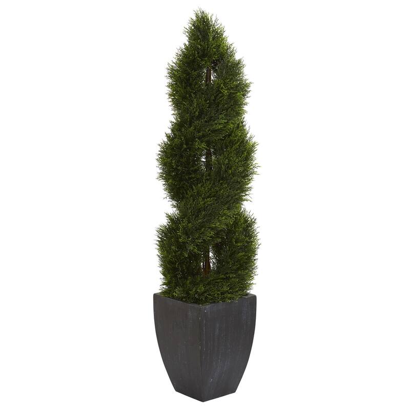 5ft Double Pond Cypress Spiral Artificial Tree in Black Wash Planter with UV Resistant Greenery for Entryway Decor
