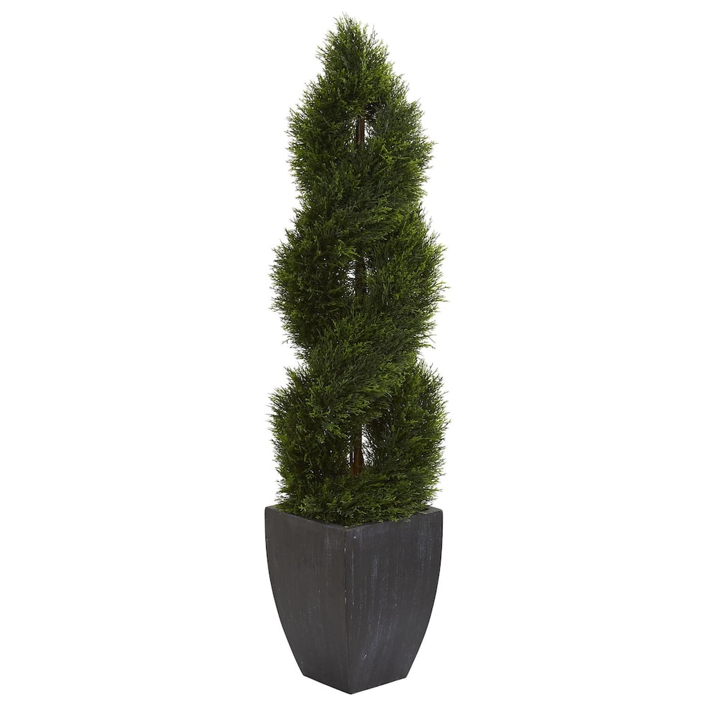 5ft Double Pond Cypress Spiral Artificial Tree in Black Wash Planter with UV Resistant Greenery for Entryway Decor