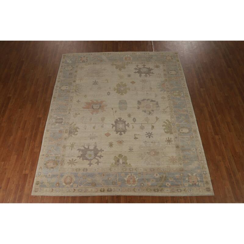 Hand Knotted Oriental 100% Wool Carpet Transitional All-Over Beige & Ivories Oushak Area Rug - 9' 9'' X 8' 2''