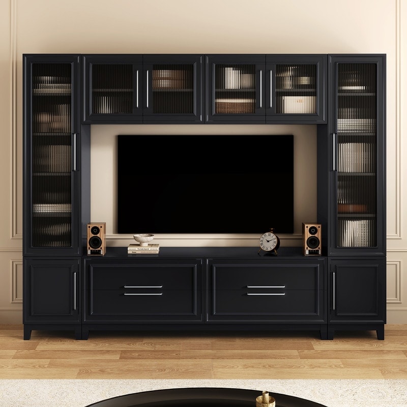 Modern 102" W Wall Unit Entertainment Center for TVs up to 75", Large Media TV Console with Glass Doors and Drawers