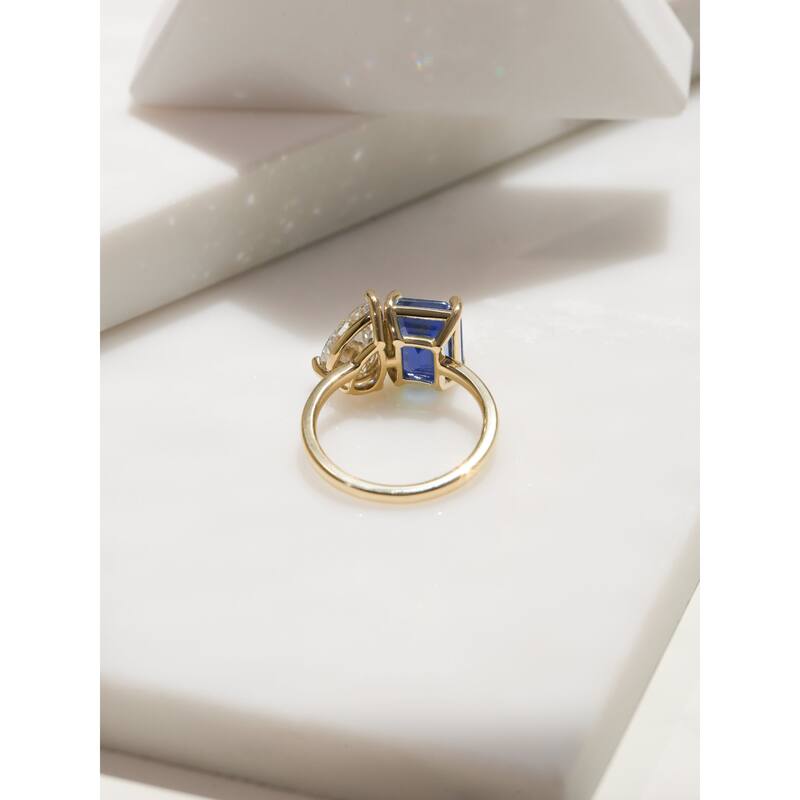Kobelli Blue Sapphire & White Diamond Certified 14k Solid Gold 2 Stone Toi et Moi Dutchess Ring (EF/VS)
