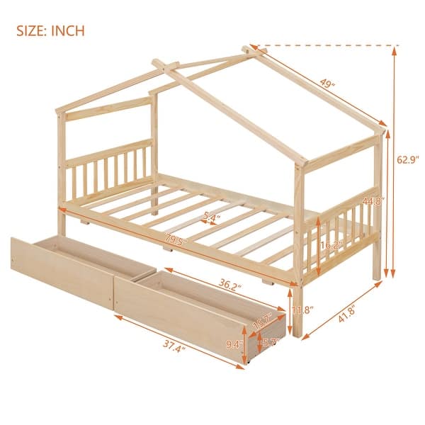 dimension image slide 3 of 4, Roomfitters Twin Size Wooden House Bed with Storage, Functional and Stylish Sleeping Solution with Built-In Compartments
