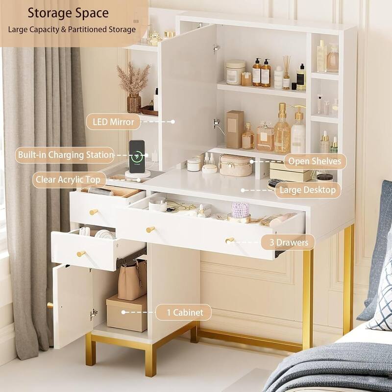 Makeup Desk Dressing Table with LED Lighted Mirror, Power Outlet