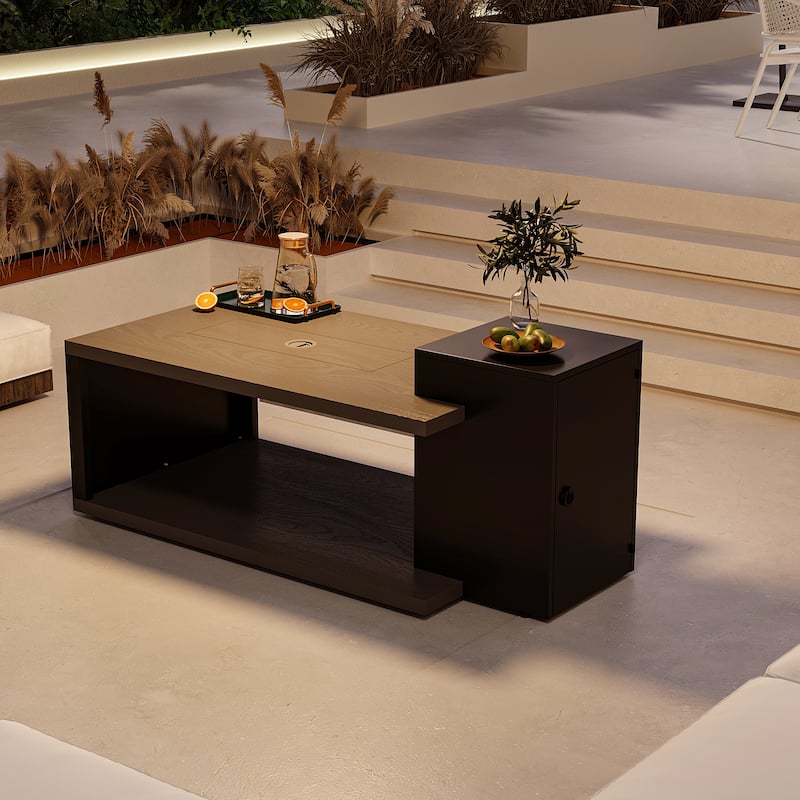 Outdoor Patio Coffee Table, Heavy-Duty Table with Gas Fire Pit & Rain Cover