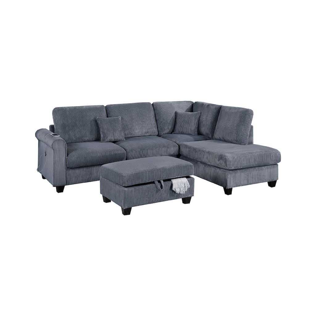 Roe 3pc Sectional Sofa Set with Chaise, Ottoman, 2 Pillows, Dark Gray
