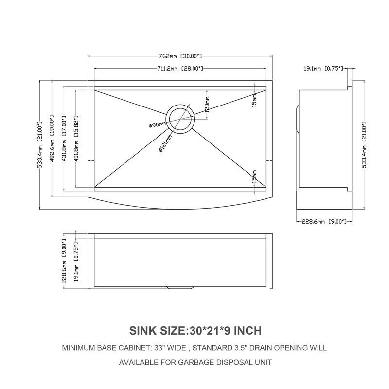 30x21 Inch Single Rectangular Farmhouse Apron Front Kitchen Sink