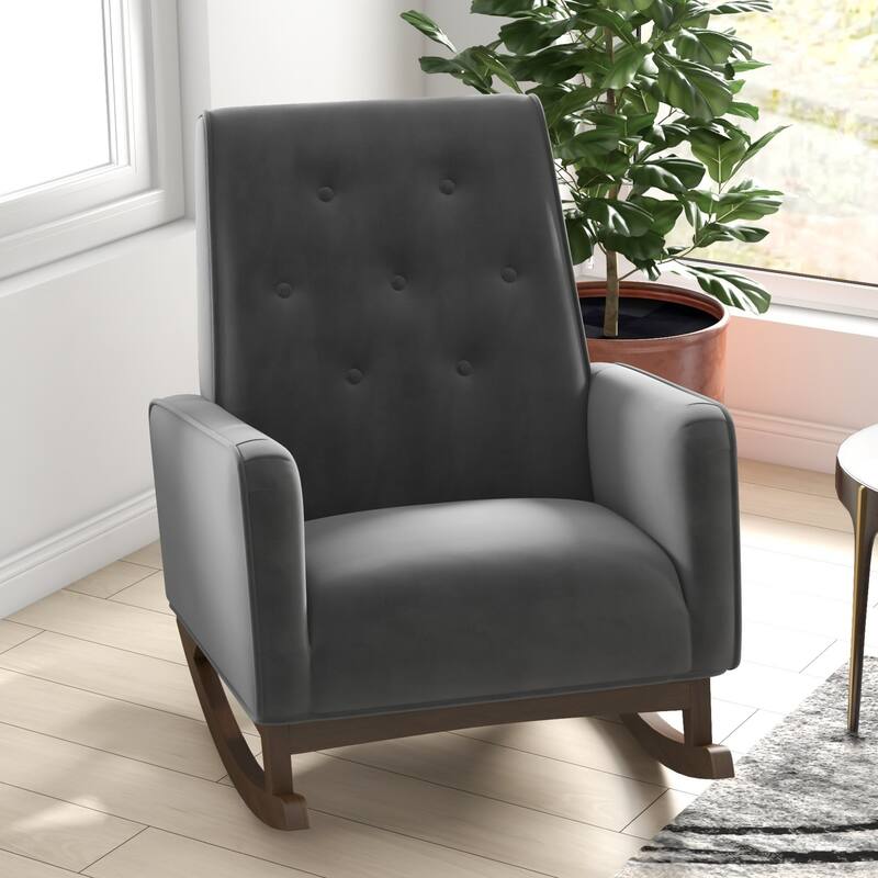 Dark Grey Fabric Rocking Chair with Solid Wood Frame 36.6"H x 27.5"W x 39"D for Living Room Bedroom Reading