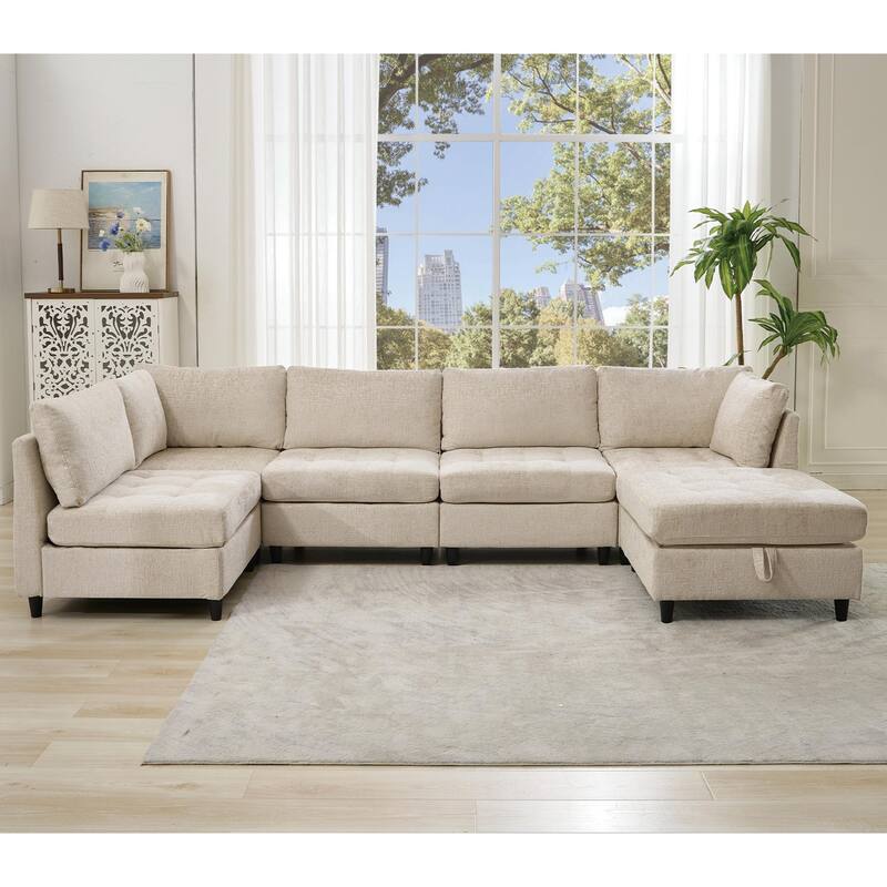 128" Chenille U-Shaped Modular Sectional Sofa with Ottoman