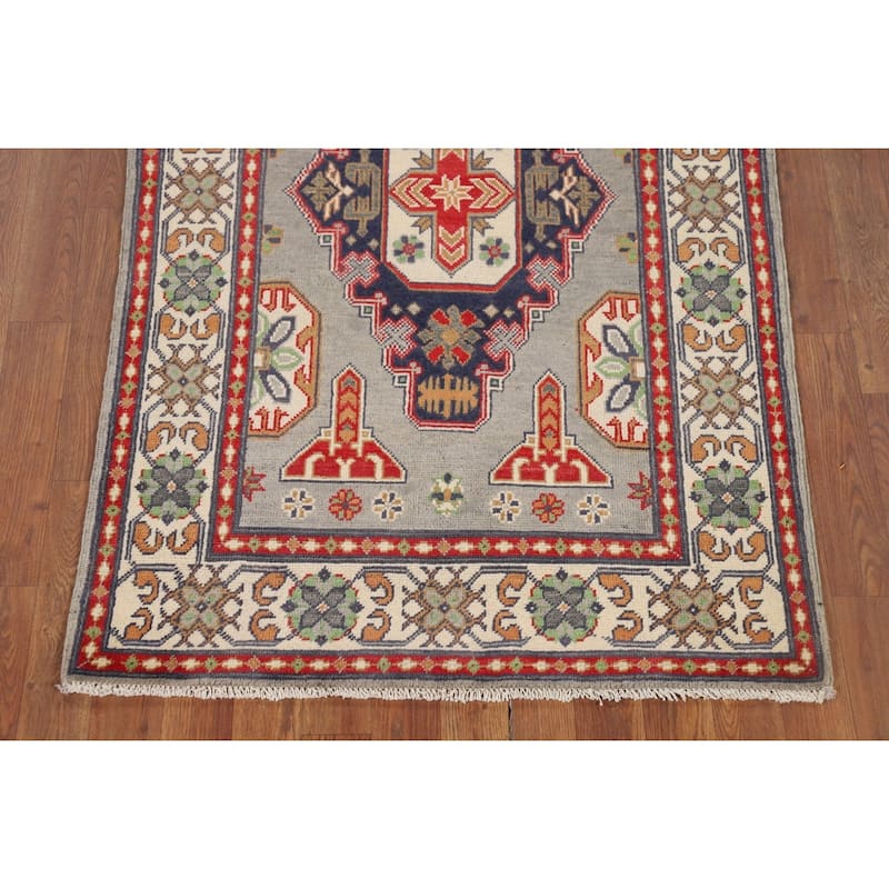 Traditional Grey Kazak Foyer Rug Hand-Knotted Wool Carpet - 3'2" x 4'11"