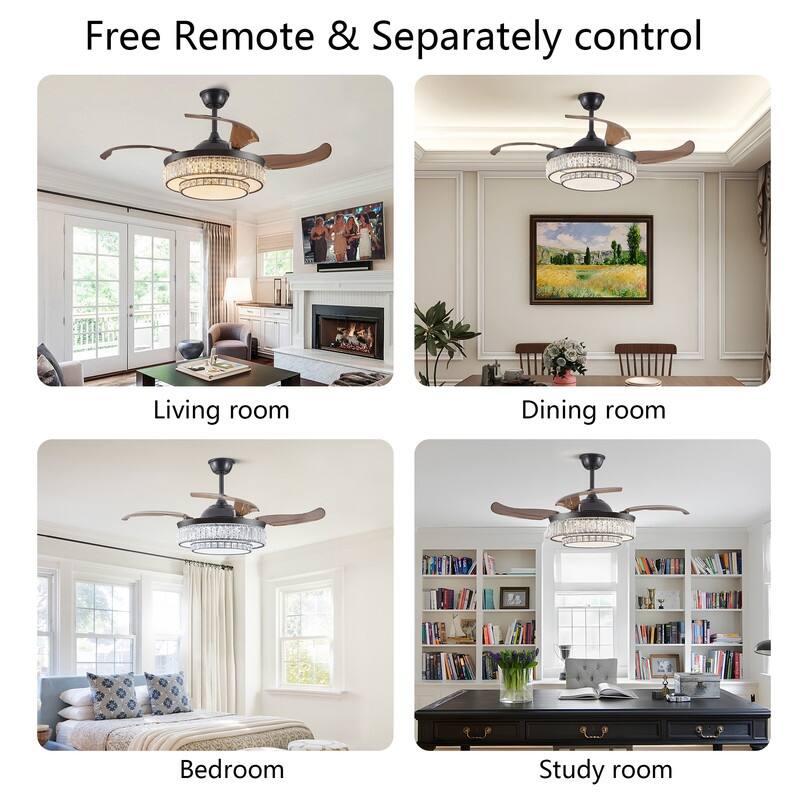 48" Modern Crystal Ceiling Fan With Retractable LED Light – 6-Speed Quiet DC Motor & Remote Control, Reversible 4-Blade Design.