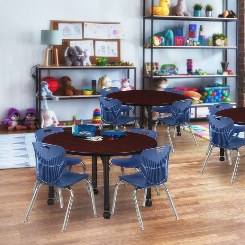 42 in. Round Height Adjustable Classroom Table - Mahogany & 4 12-in Stack Chairs- Navy Blue