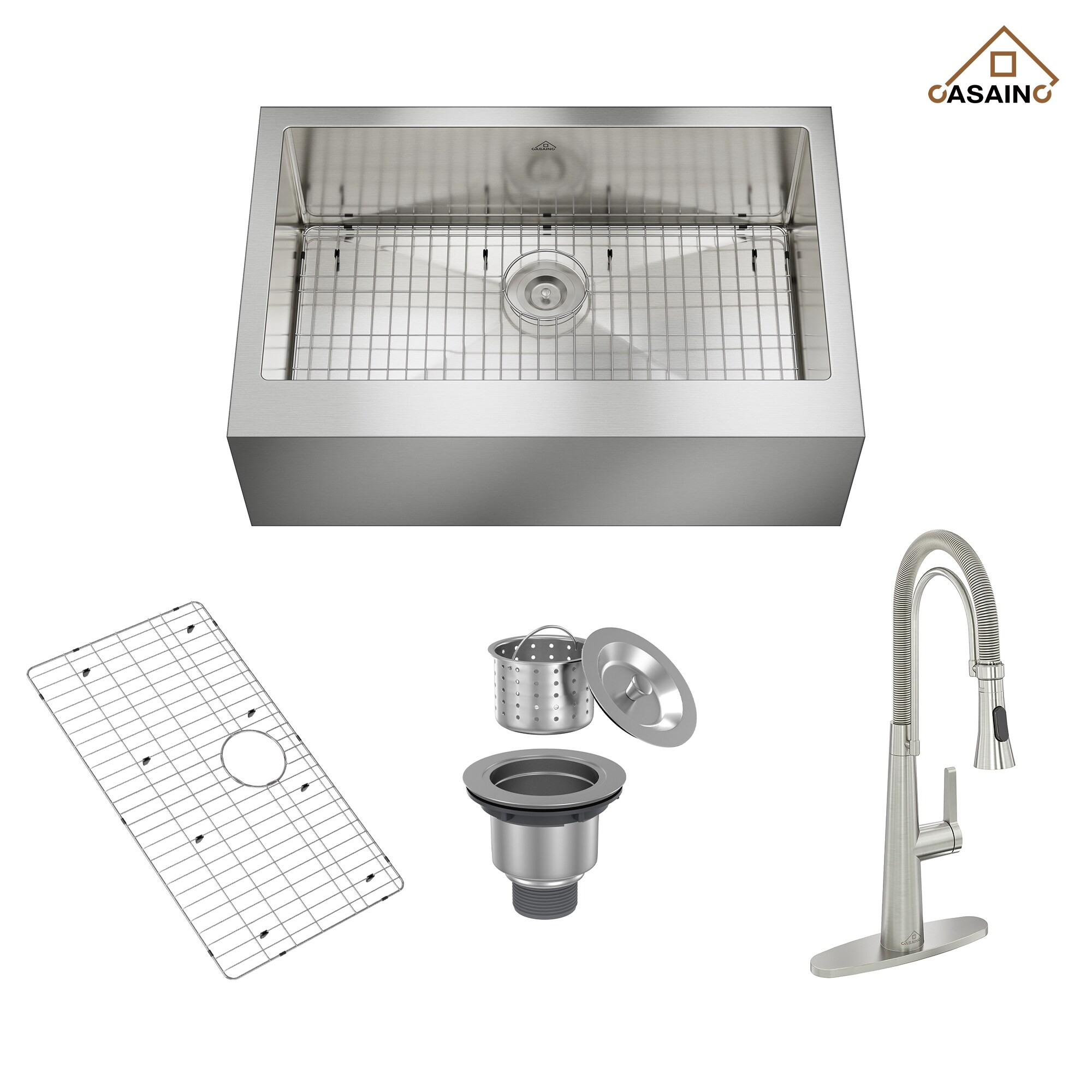 Camden Stainless Steel 33 in. Single Bowl Farmhouse Apron-Front Kitchen Sink with Strainer and Stainless Steel Grid Camden Stainless Steel 33 in. Single Bowl Farmhouse Apron-Front Kitchen Sink with Strainer and Stainless Steel Grid
