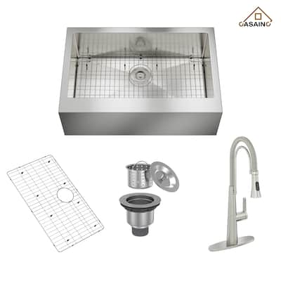 All-in-one Handmade 33 in. Stainless Steel Farmhouse/Apron-Front Kitchen Sink with Faucet, Bottom Grid, and Basket Strainer