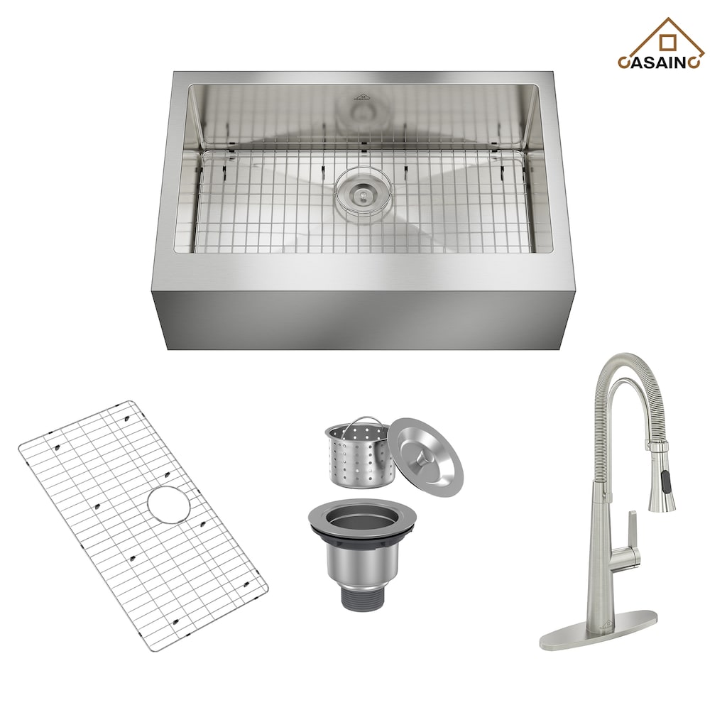 All-in-one Handmade 33 in. Stainless Steel Farmhouse/Apron-Front Kitchen Sink with Faucet, Bottom Grid, and Basket Strainer