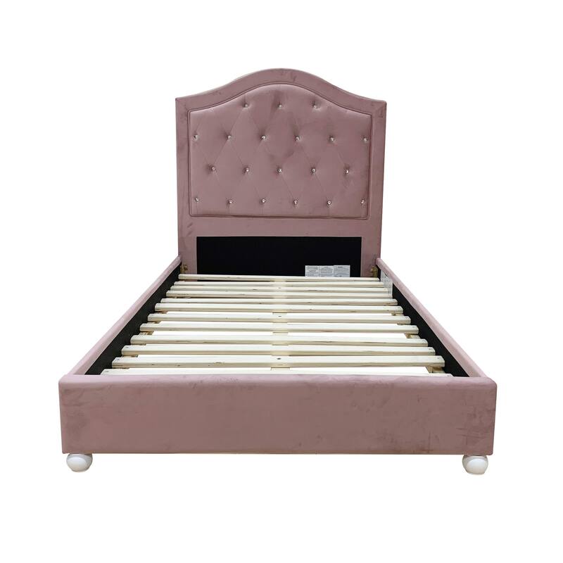 Twin Size Upholstered Platform Bed with Button Tufted Arched Headboard and Wooden Legs, No Box Spring Needed, Pink Fabric Frame