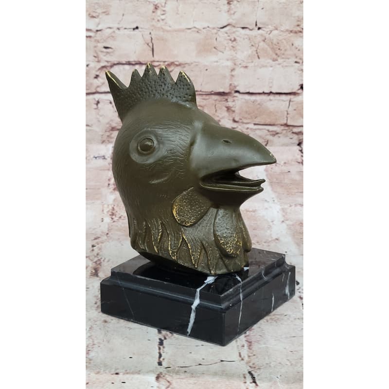 Bronze Rooster Head Bust On Marble Base – Stylized Zodiac Sculpture