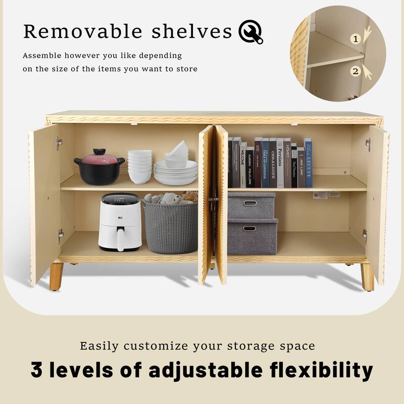 Wooden Storage Cabinet with 4 Doors, Carved Scatter Pattern Sideboard, Large Buffet Cabinet with Adjustable Shelves