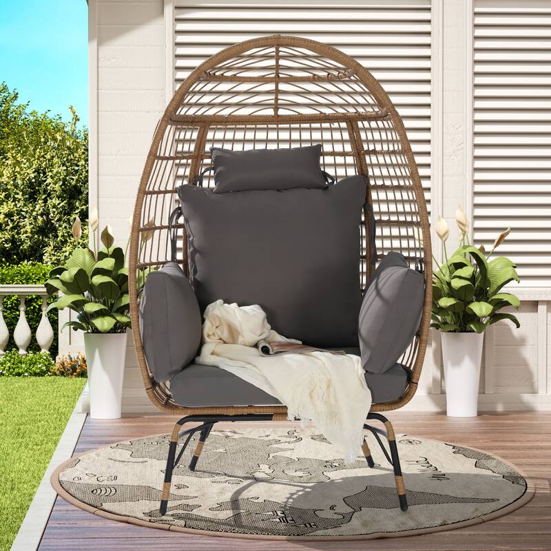 GDFStudio- Serena Oversized Wicker Egg Chair with Cushion and Pillow for Porch, Backyard, or Balcony
