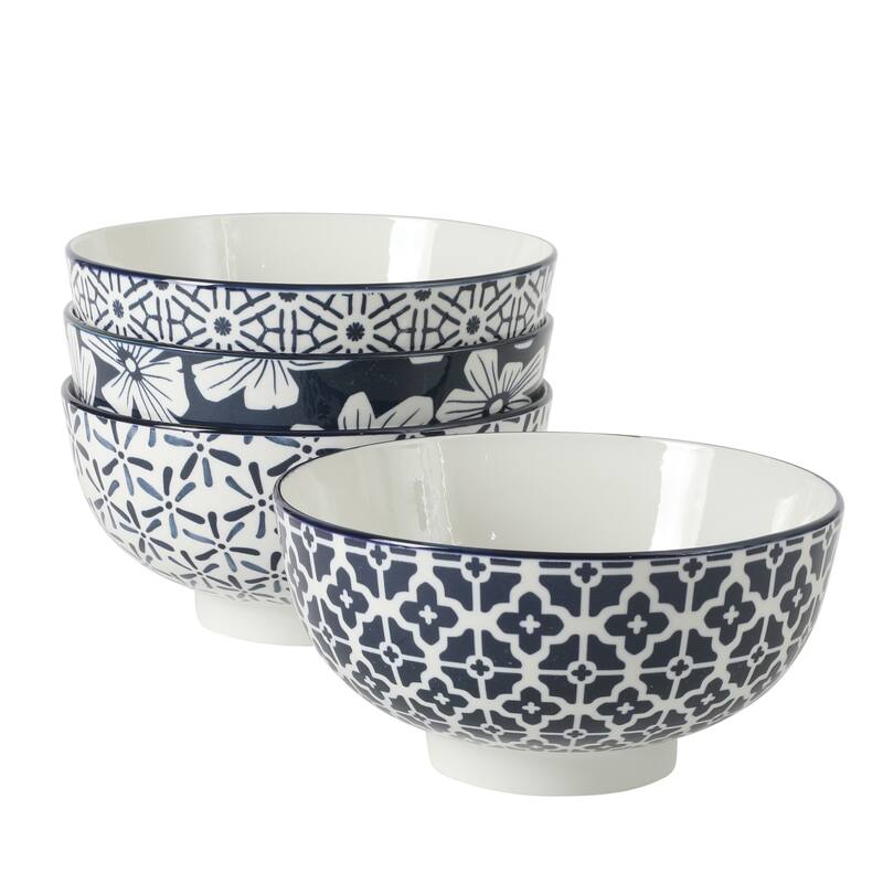 Gibson Home Castle Way 4-Piece Serving Bowl Set, 8 Inch Stoneware Bowls, Blue & White Assorted Pattern, Decorative Everyday Use