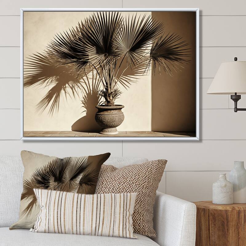 Designart "Beige Palms Palm Trees Bouquet Still Life " Palms & Palm Trees Framed Wall Decor - 32 in. wide x 24 in. high - White
