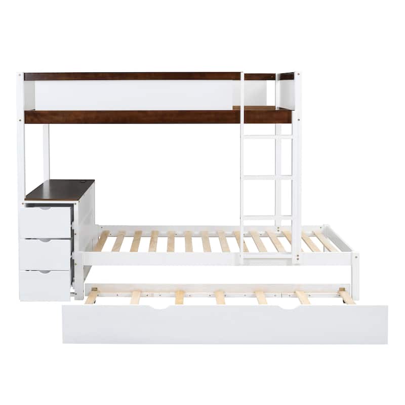White+Walnut Twin-over-Twin Bunk Bed with Twin Size Trundle, Storage and Desk