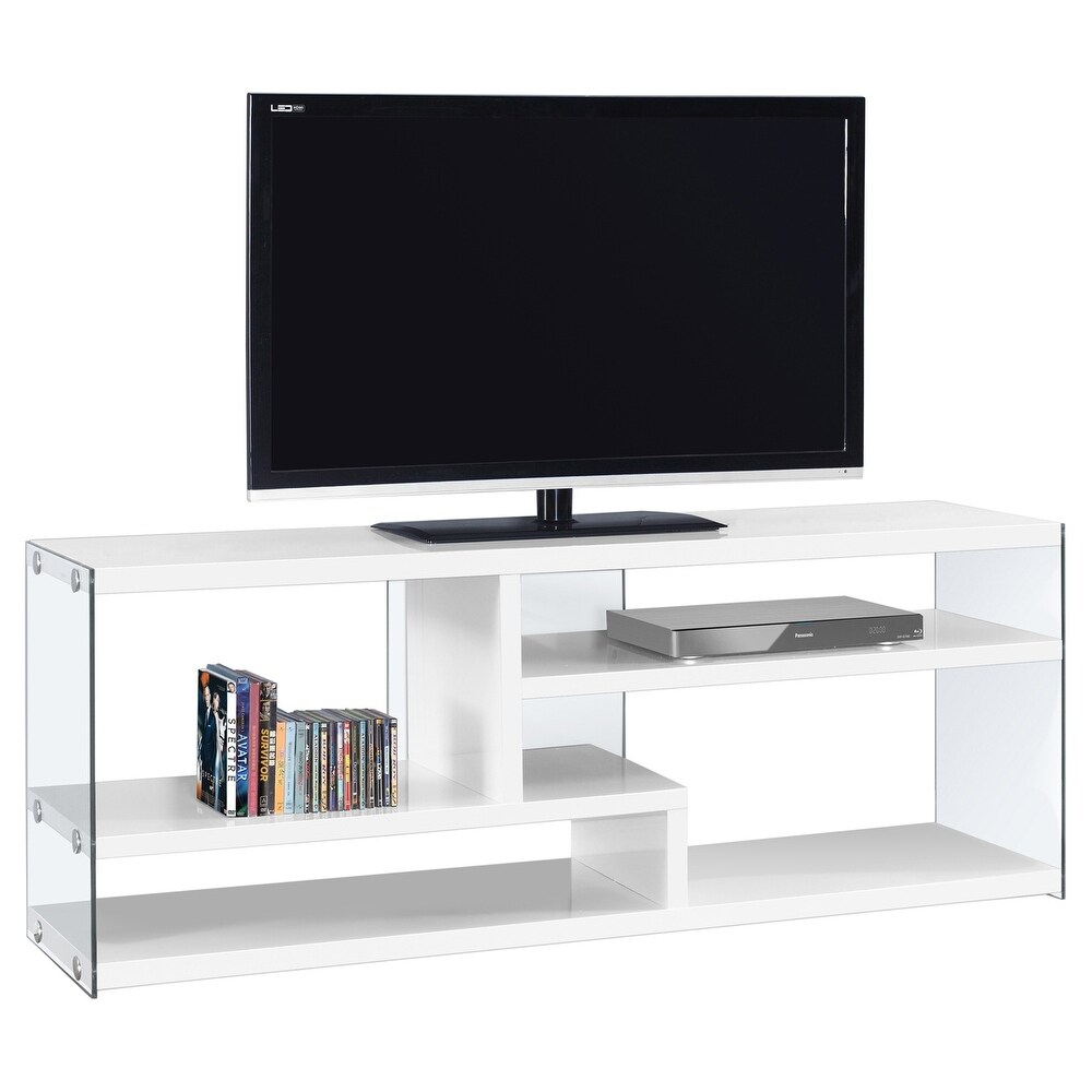 Overstock 60.75 inch White Glossy Finish Contemporary Rectangular TV Stand with Tempered Glass (White)