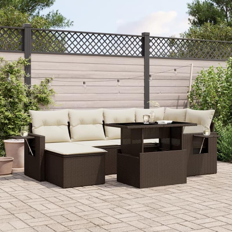 vidaXL Patio Sofa Set with Cushions Outdoor Furniture 7 Piece Poly Rattan - 21.7 x 39.4 x 28.7 - Brown and Cream-without storage