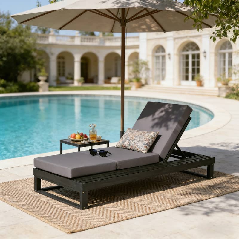 Christopher Knight Home - Modern Outdoor Acacia Wood Chaise Lounge with 4-Position Adjustable Backrest & 2-Fold Cushion - Black+Dark Gray Cushion
