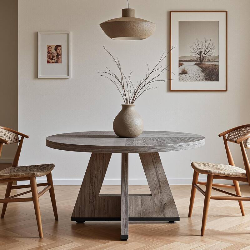 47" Round Dining Table for 4-6 People Rustic Wood Table with Pedestal Base for Kitchen Dining Room Living Room