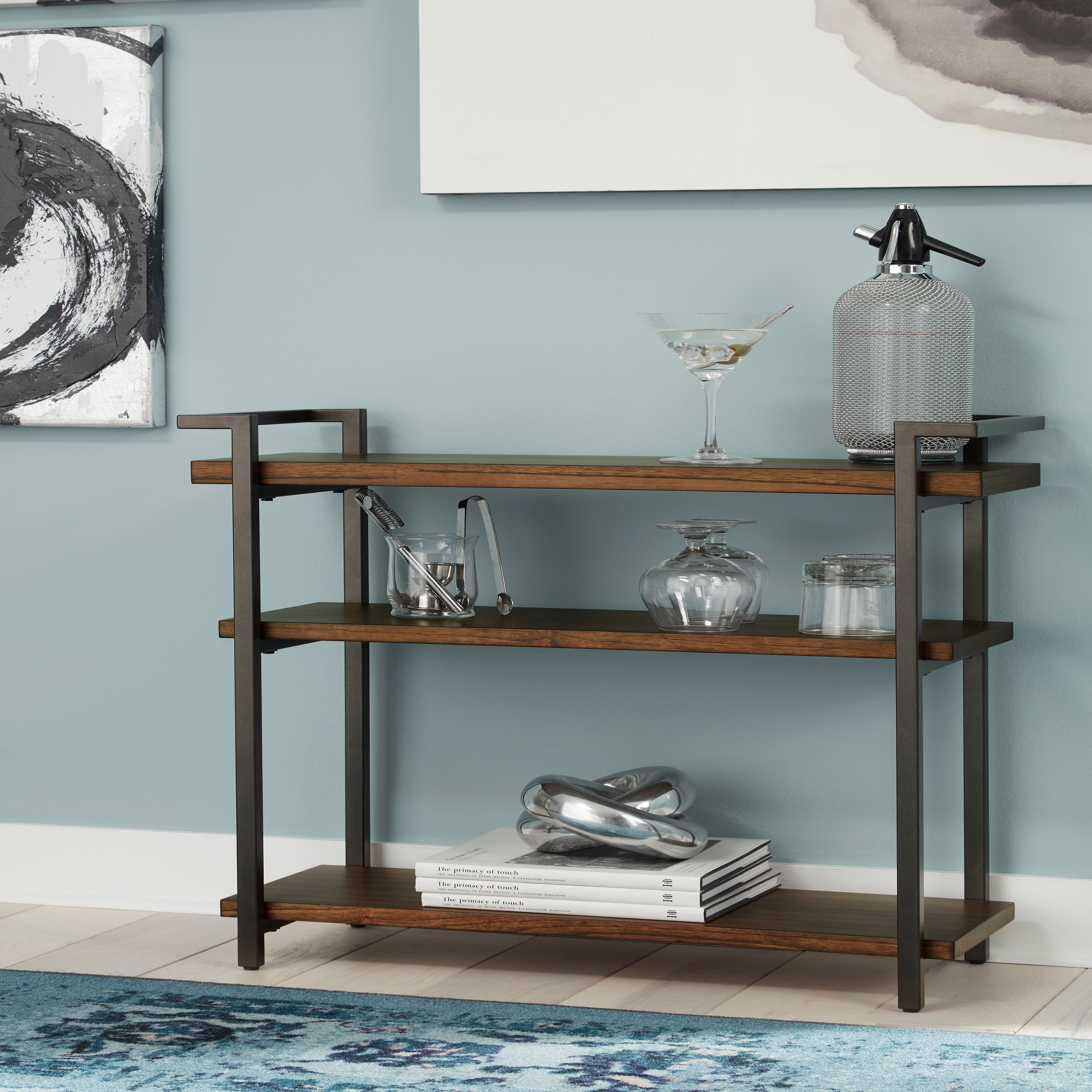 Solid Mango Wood Finish Console Table with Multi Level Shelf