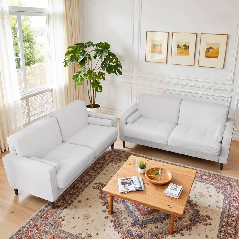 Modern Corduroy Upholstered Loveseat with Bolster Pillows and Wood Legs
