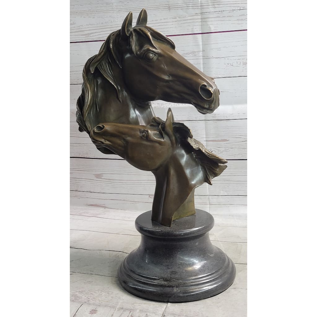 Necking Horses Bronze Bust Sculpture Statue Equestrian Decor Signed Original Art