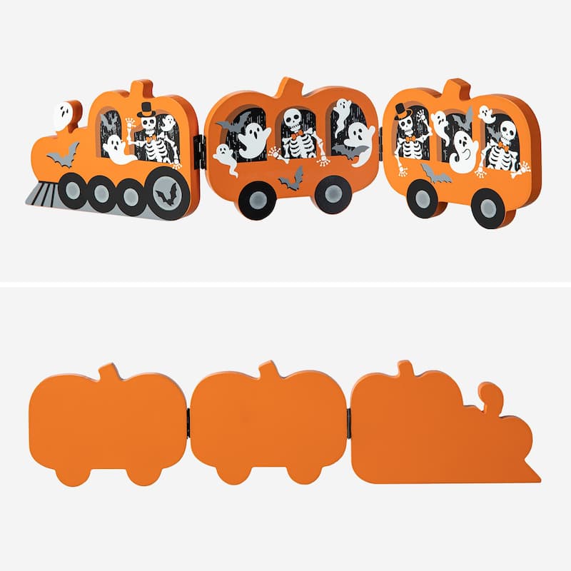 Glitzhome 16"L Halloween Skeletons and Ghosts Hinged Pumpkin Train Table Decor - Orange