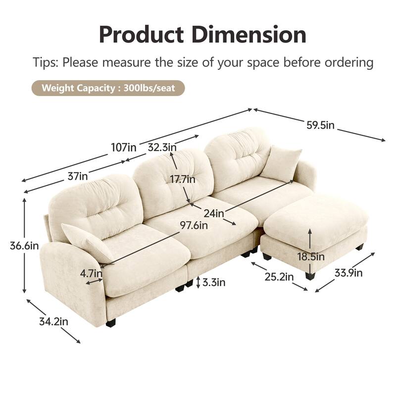 107" Sectional Couches for Living Room, Tufted Back Upholstered Couch with Ottoman, Chenille 3 Seater Modular Sectional Sofa