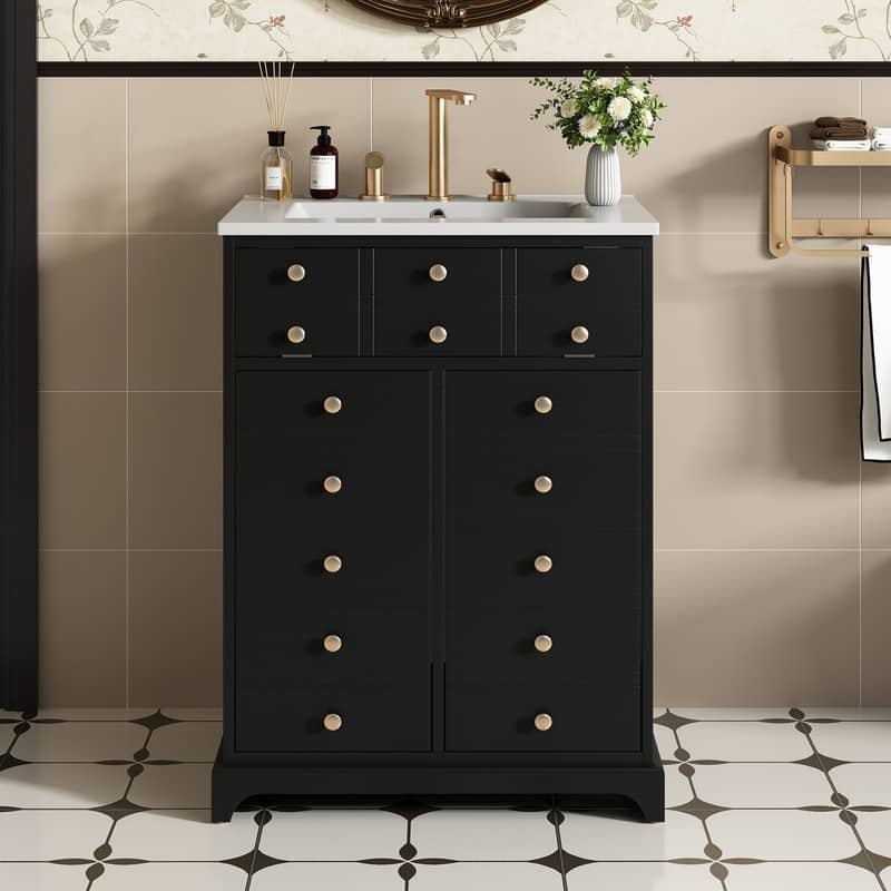 24" Bathroom Vanity with a Drawer & Two Soft-Closing Doors,Ceramic Sink