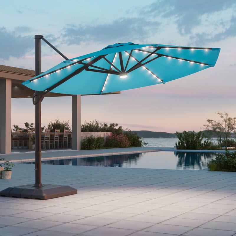 LIVOOSUN 11Ft LED Patio Hanging Octagon Cantilever Umbrella with 360-degree Rotating Canopy