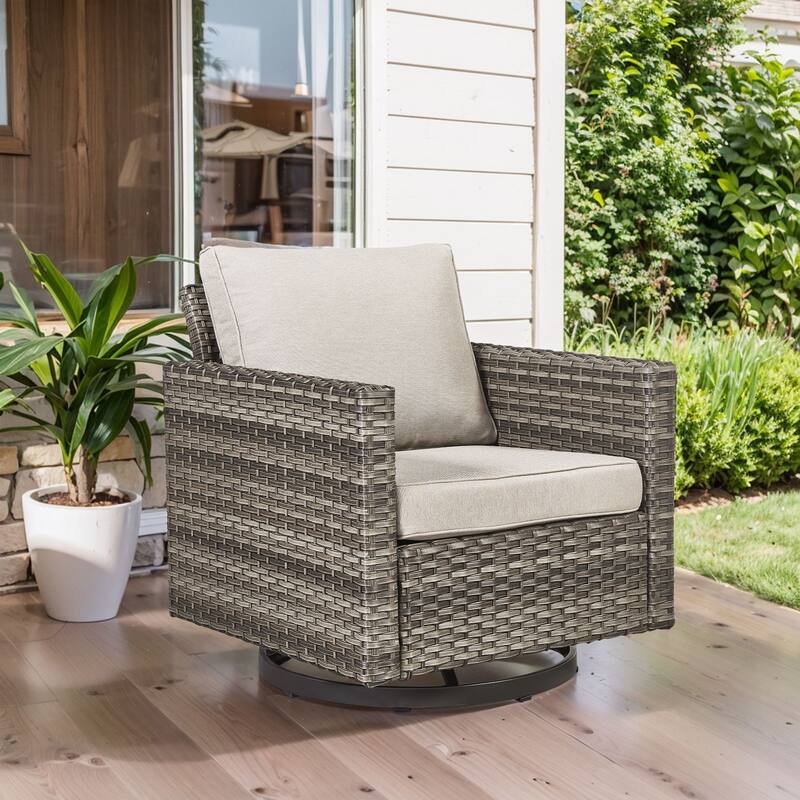 Pocassy Patio Swivel Chair with Soft Cushion - Grey Wicker Beige Cushion - 1PC Swivel Chair