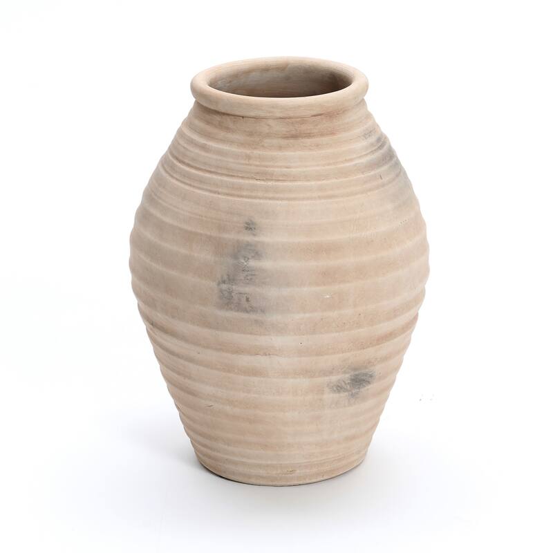 Rustic Terracotta Vase with Ribbed Texture, 15'' Tall Brown Accent for Shelves & Tabletops