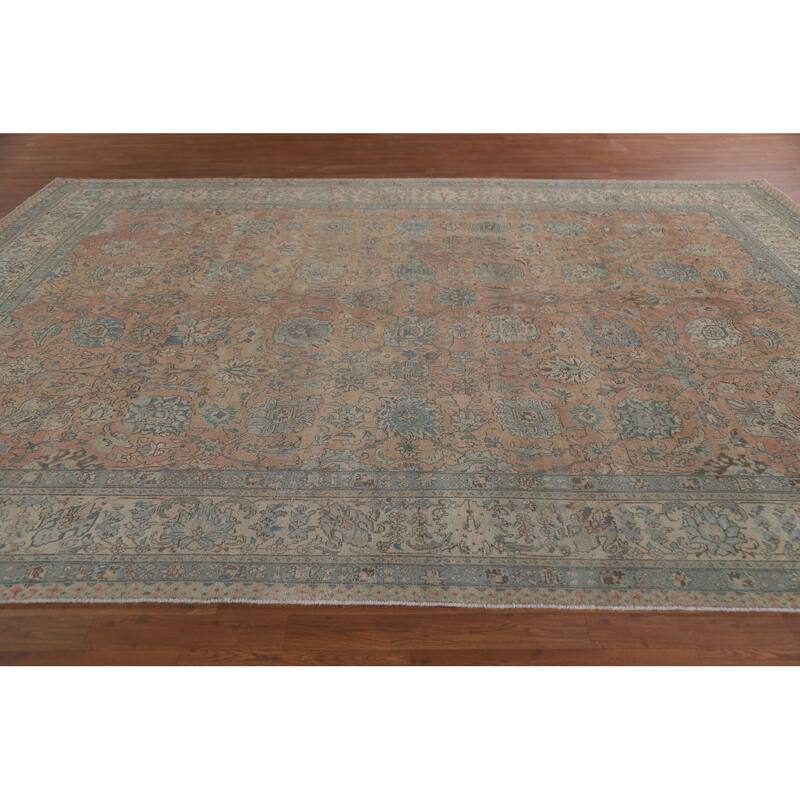 Hand Knotted Oriental 100% Wool Carpet Traditional All-Over Coral Tabriz Area Rug - 12' 4'' X 9' 1''