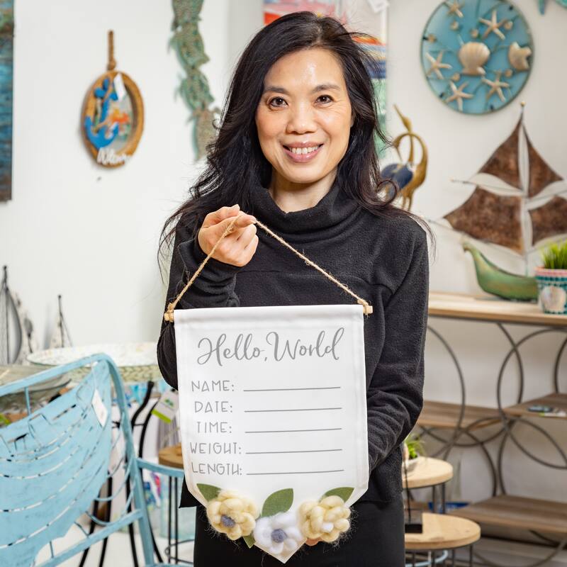 14" Baby Hello World Burlap Hanging Decor with Felt Flowers