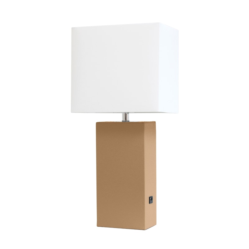 Modern Leather Table Lamp with USB and White Fabric Shade