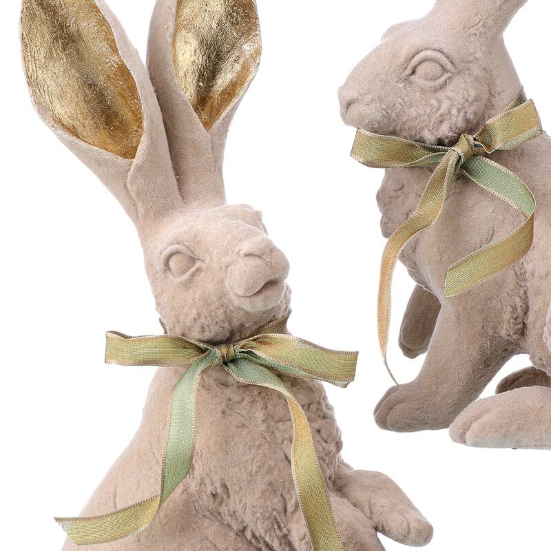 Resin Flock Bunny With Bow 11" Set of 2